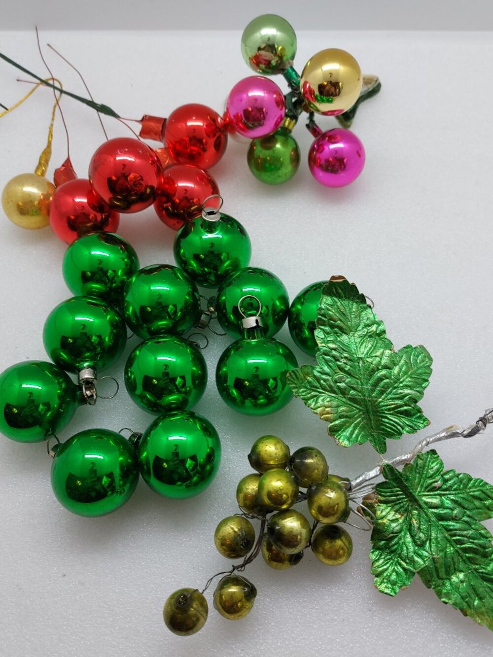 Vintage Small Christmas Tree Glass Ornaments Feather Tree & Floral Picks